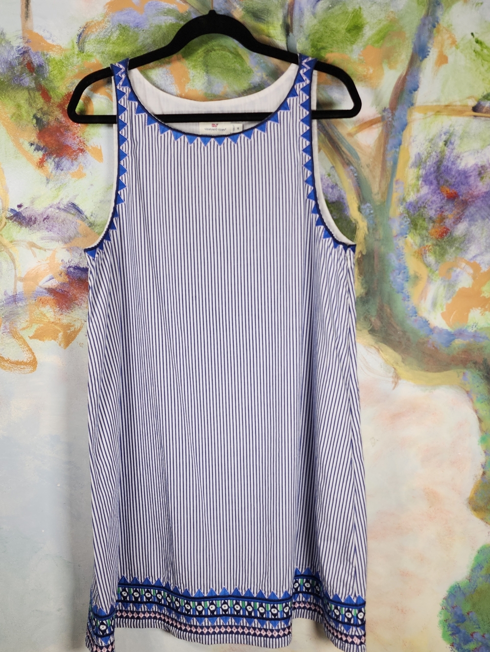 Vineyard Vines Blue and White Striped Midi Dress with Blue Geometric Trim